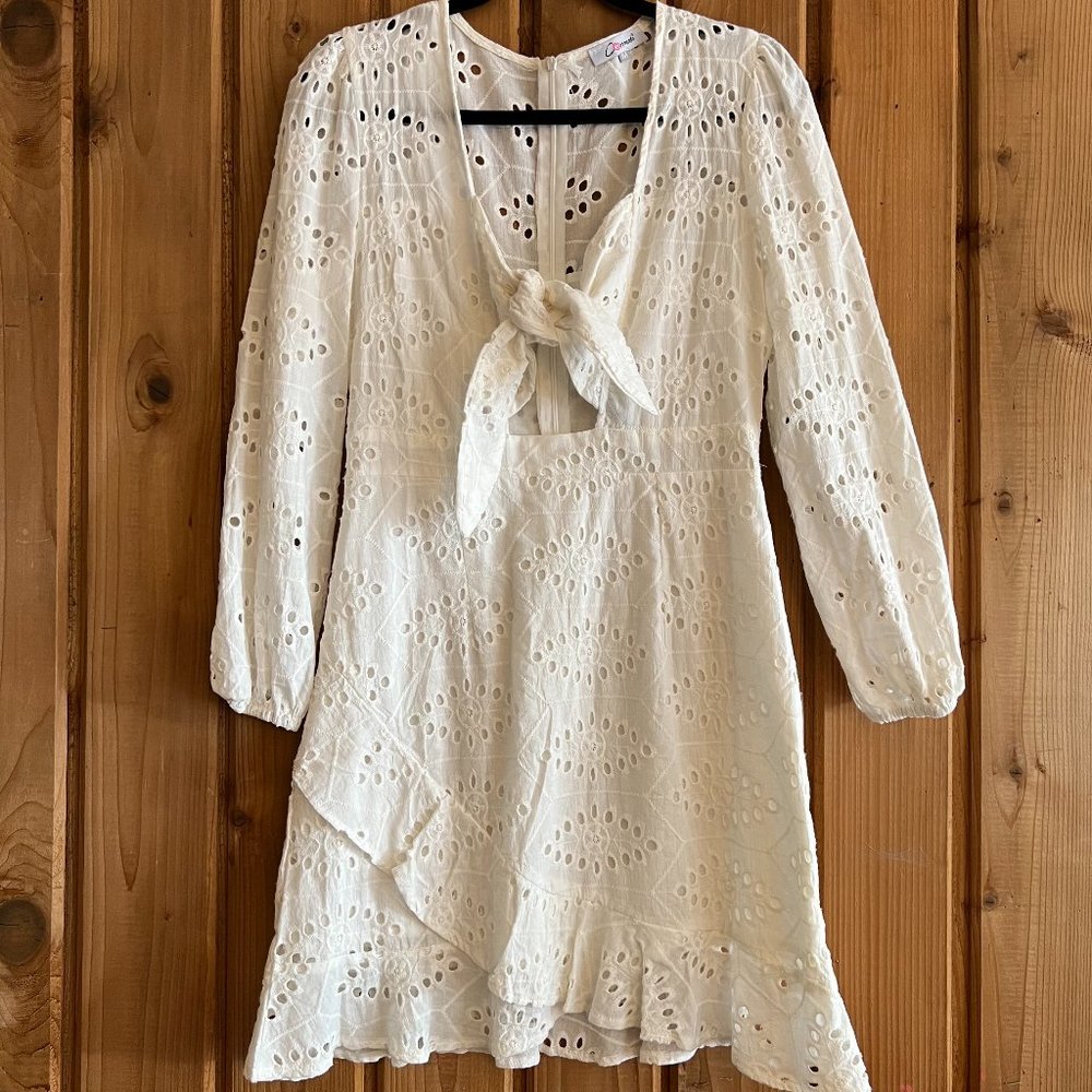 White Long Sleeve Eyelet Dress with Tie Front